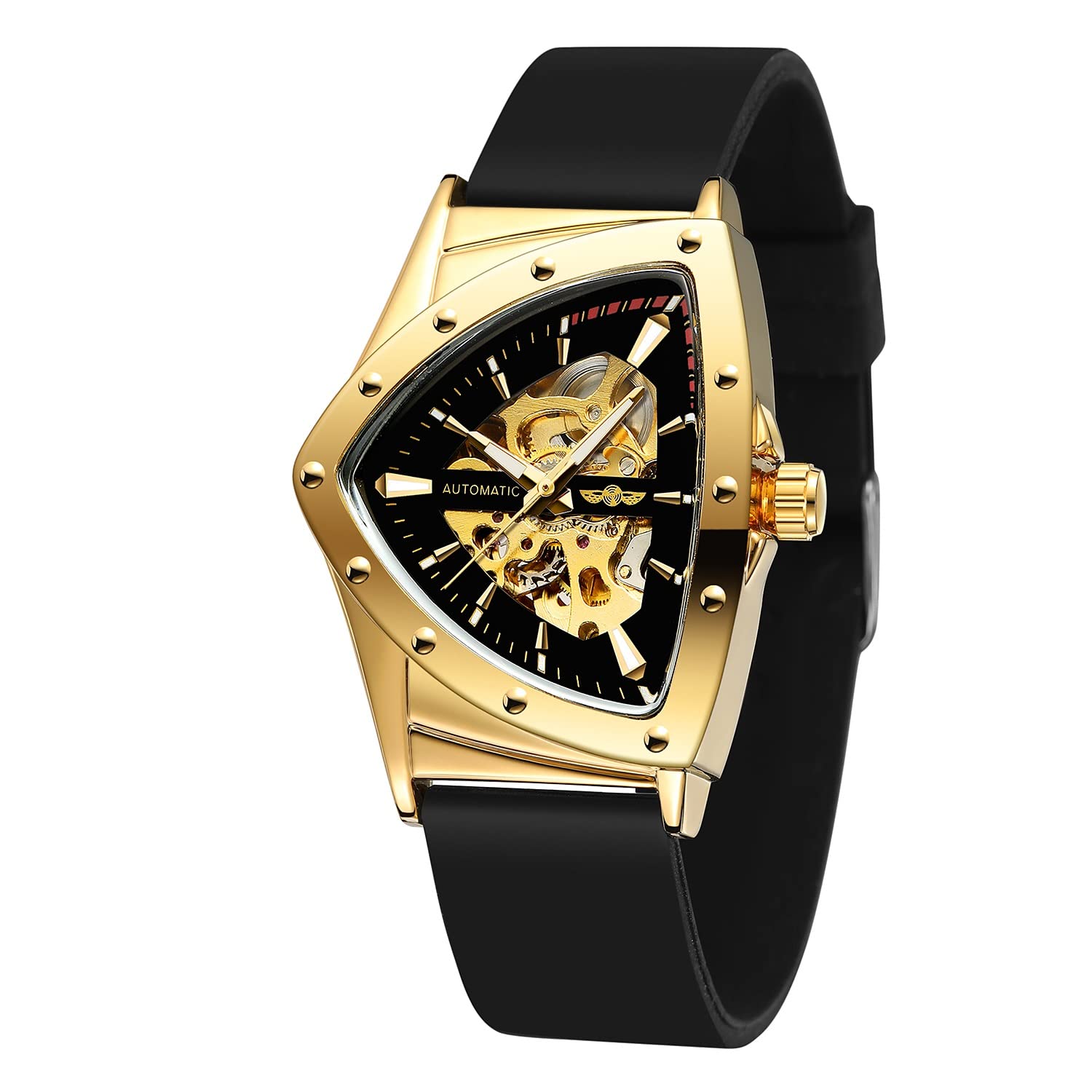 FORSINING Automatic Mechanical Skeleton Traingle Analog Rubber Band Mens Watch - Wrg8243, Band_White, Dial_black (B0B8V74RYV) Amazon Price History, Amazon Price Tracker