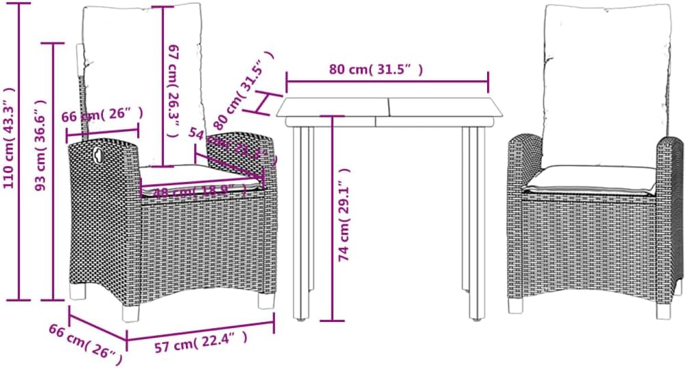 vidaXL 3pc Gray Poly Rattan Patio Dining Set with Adjustable Chairs & Tempered Glass Tabletop - Comfortable Navy Blue Cushions
