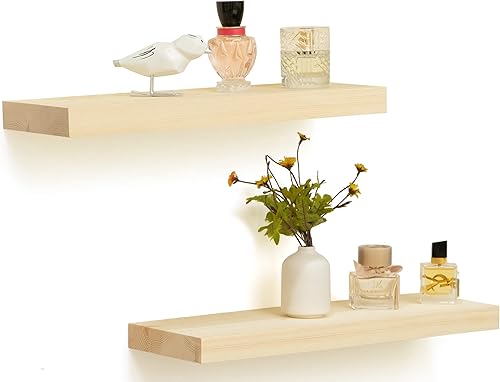 QsQueen Juego de 2 estantes flotantes rústicos de madera maciza estantes de almacenamiento de pared para sala de estar dormitorio baño cocina