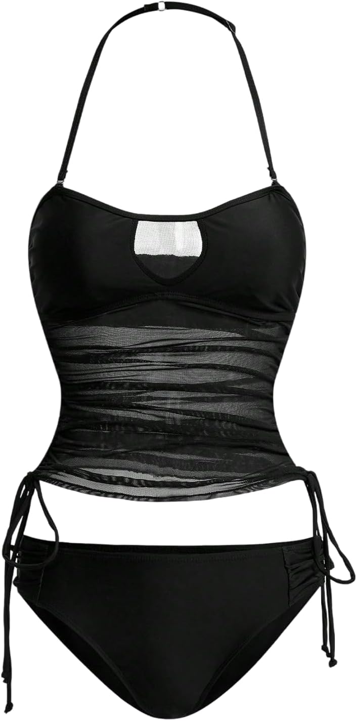 WDIRARA Women's Halter Tankini Set Cut Out Sheer Tie Side High Cut Swimsuit 2 Piece Bathing Suit