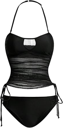 WDIRARA Womens Halter Tankini Set Cut Out Sheer Tie Side High Cut Swimsuit 2 Piece Bathing Suit