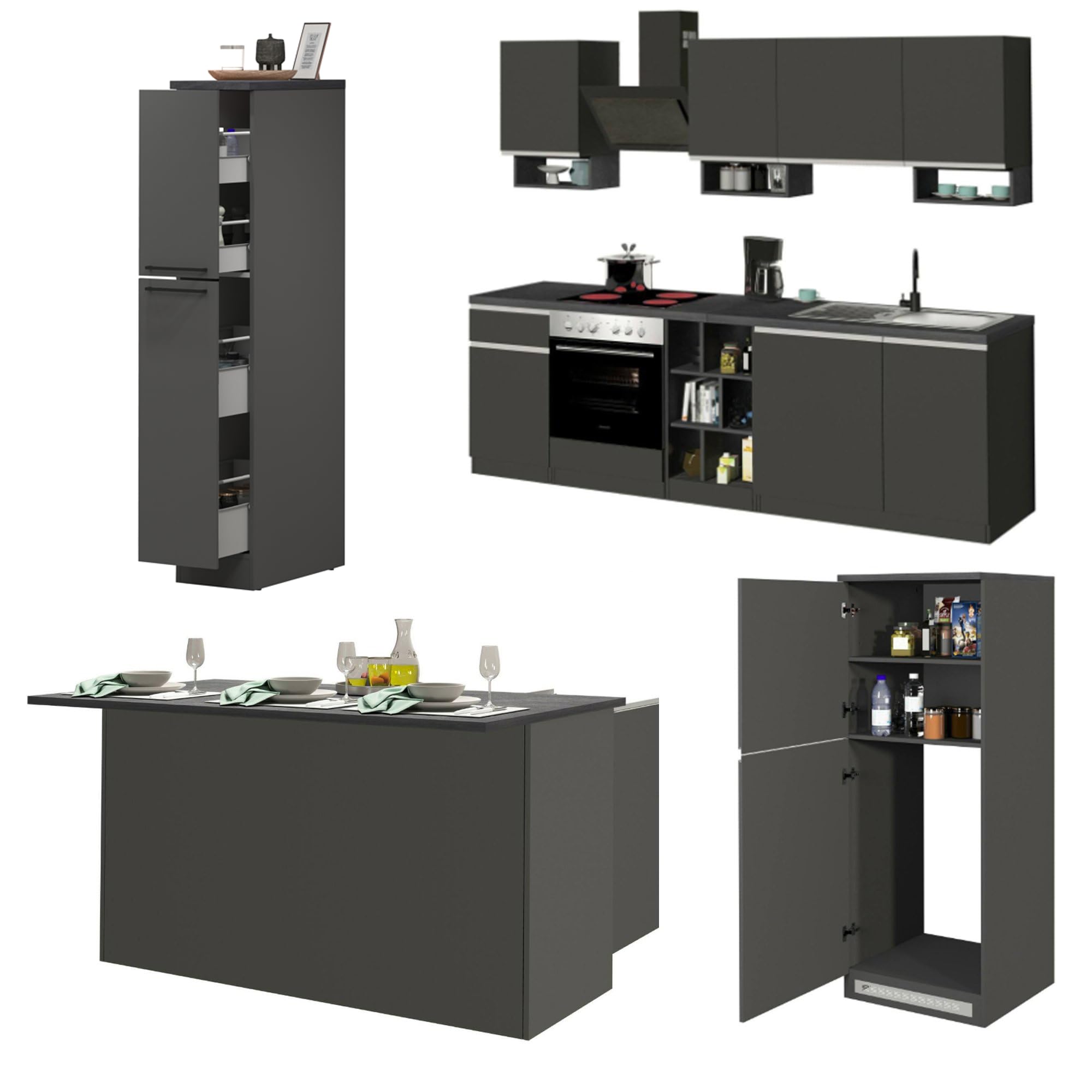Dmora - Cuisine complète Armand, Ensemble avec Garde-Manger, Meuble de kitchenette, Kit Bloc avec îlot et Porte-frigo, 100% Made in Italy, Anthracite et Ardoise