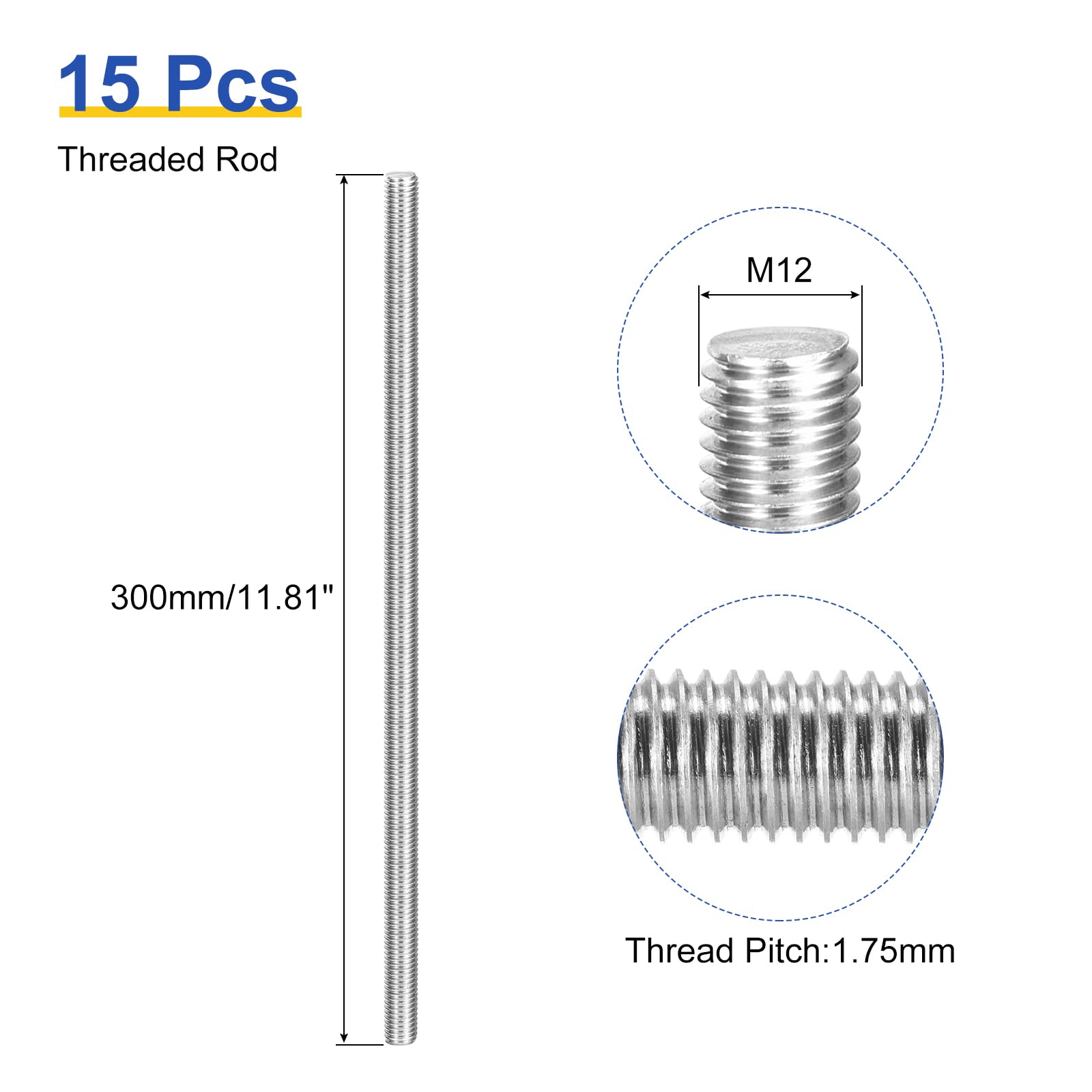QUARKZMAN 15 300mm 304 1.75 Piezas Varilla Roscada M12 X Totalmente Roscada Acero Inoxidable Roscas A La Derecha Varillas Espárragos Para Anclajes Pernos Abrazaderas Colgadores Y U Pernos