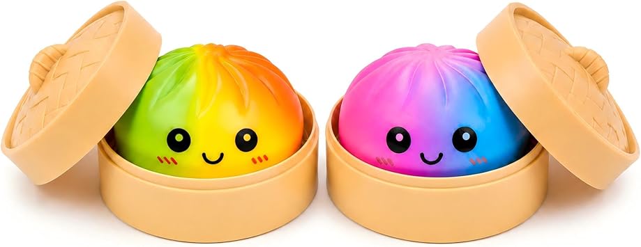2Pcs Rainbow Dumpling Squishies with Box,New Mystery Squishys Dumplings Stress Relief Balls Fidget Sensory Toy,Bao Bun with Food Steamer Stretchy Desk Squeeze Toys