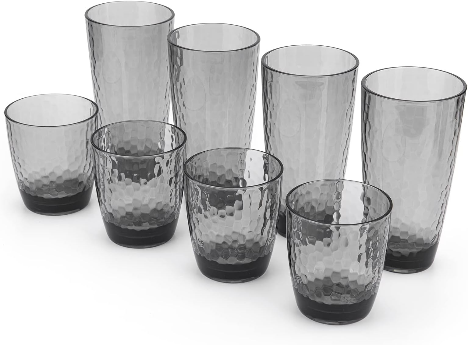 KOXIN-KARLU Hammered 15-ounce and 26-ounce Plastic Tumbler Acrylic Glasses, set of 8 Smoky Grey