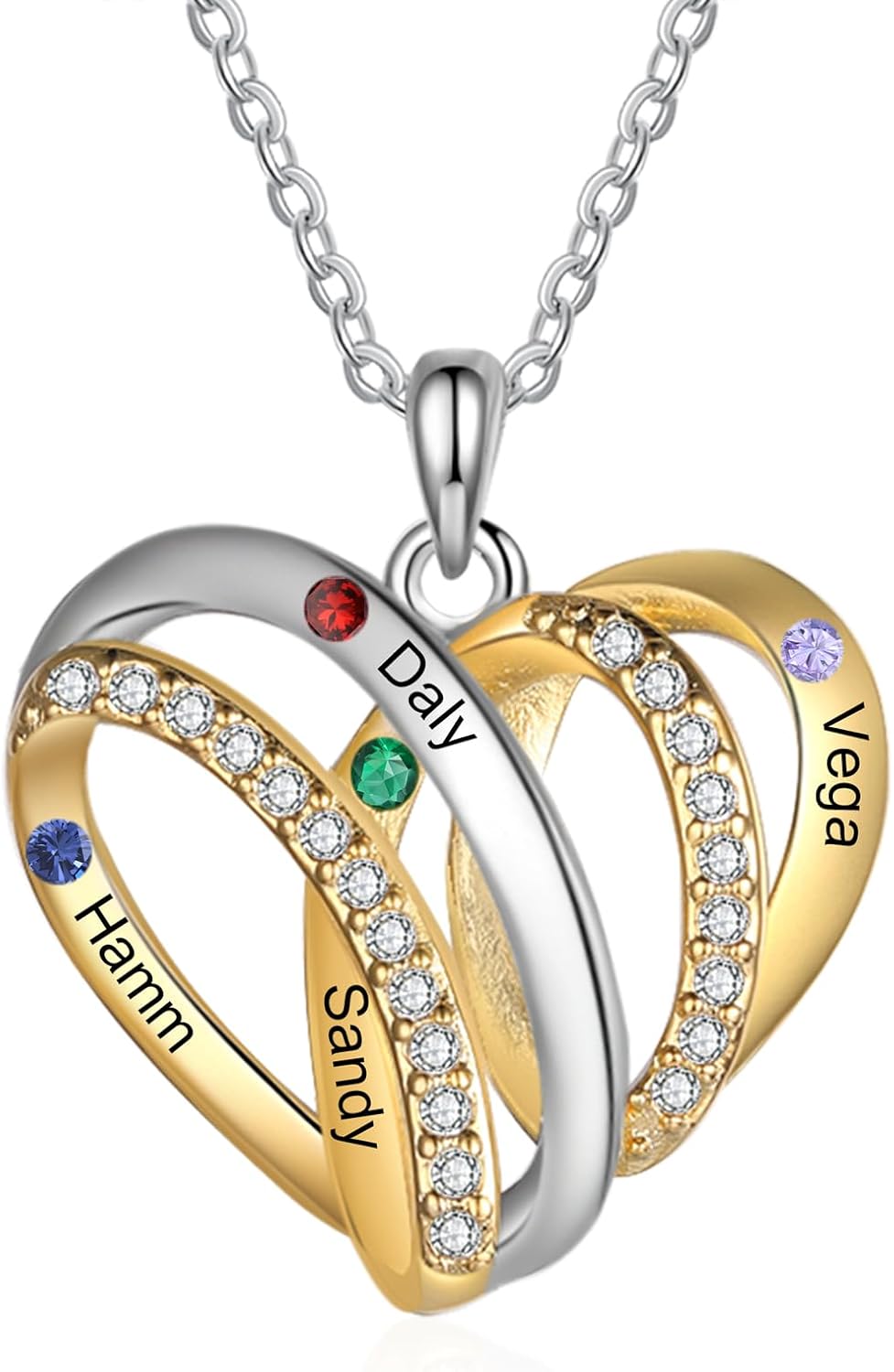 Lam Hub Fong Personalized Heart Necklace with 2-4 Birthstones | Custom Name Necklace in Silver or Gold | Perfect Mother's Day, Christmas Gift for Mom, Grandma, or Daughter
