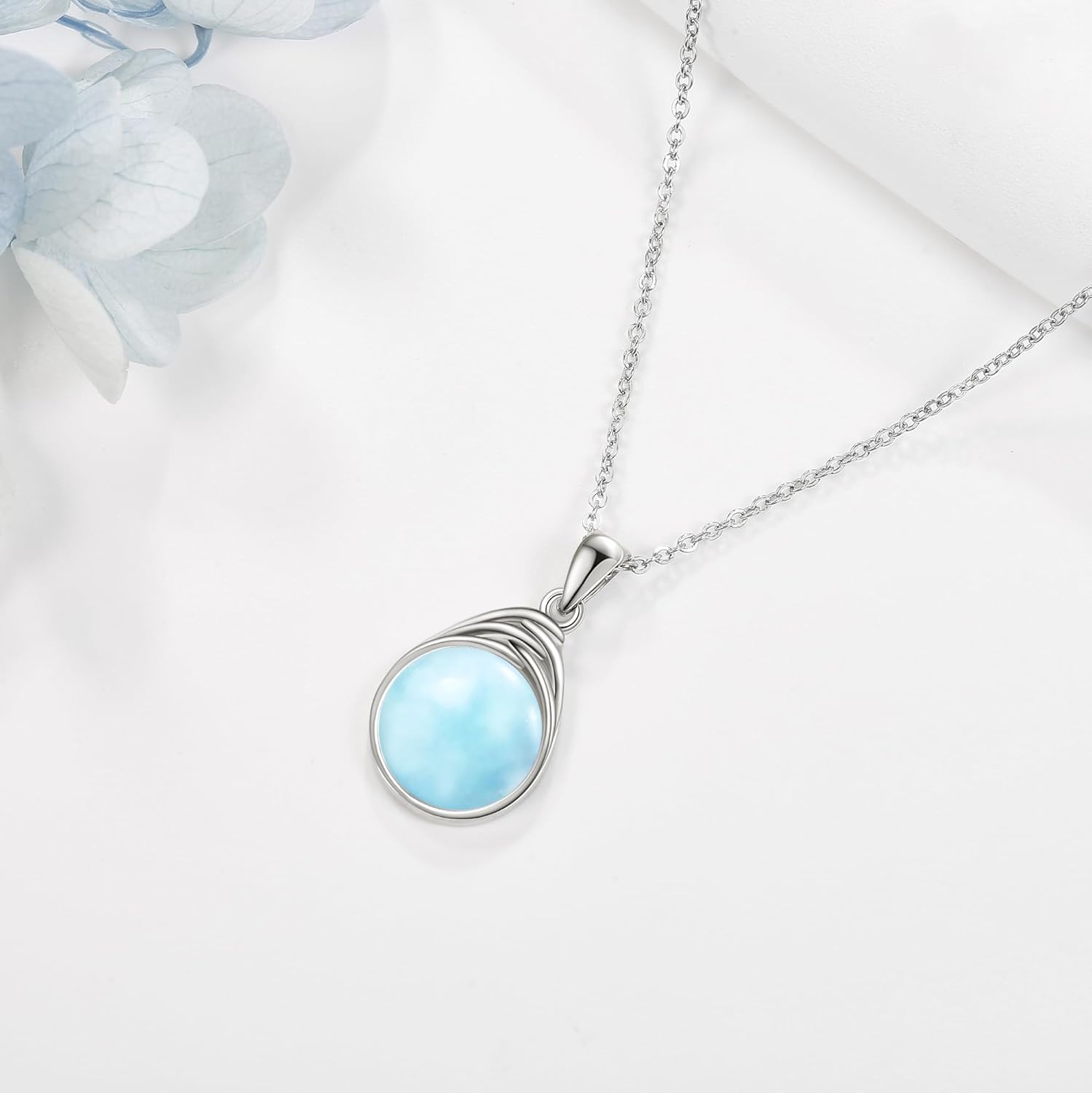 POPLYKE Larimar/Turquoise/Moss Agate/Amber/Rose Quartz/White Opal/Labradorite/Lapis Lazuli Necklace for Women 925 Sterling Silver Round Stone Pendant Necklace Jewelry for Women - Image 4