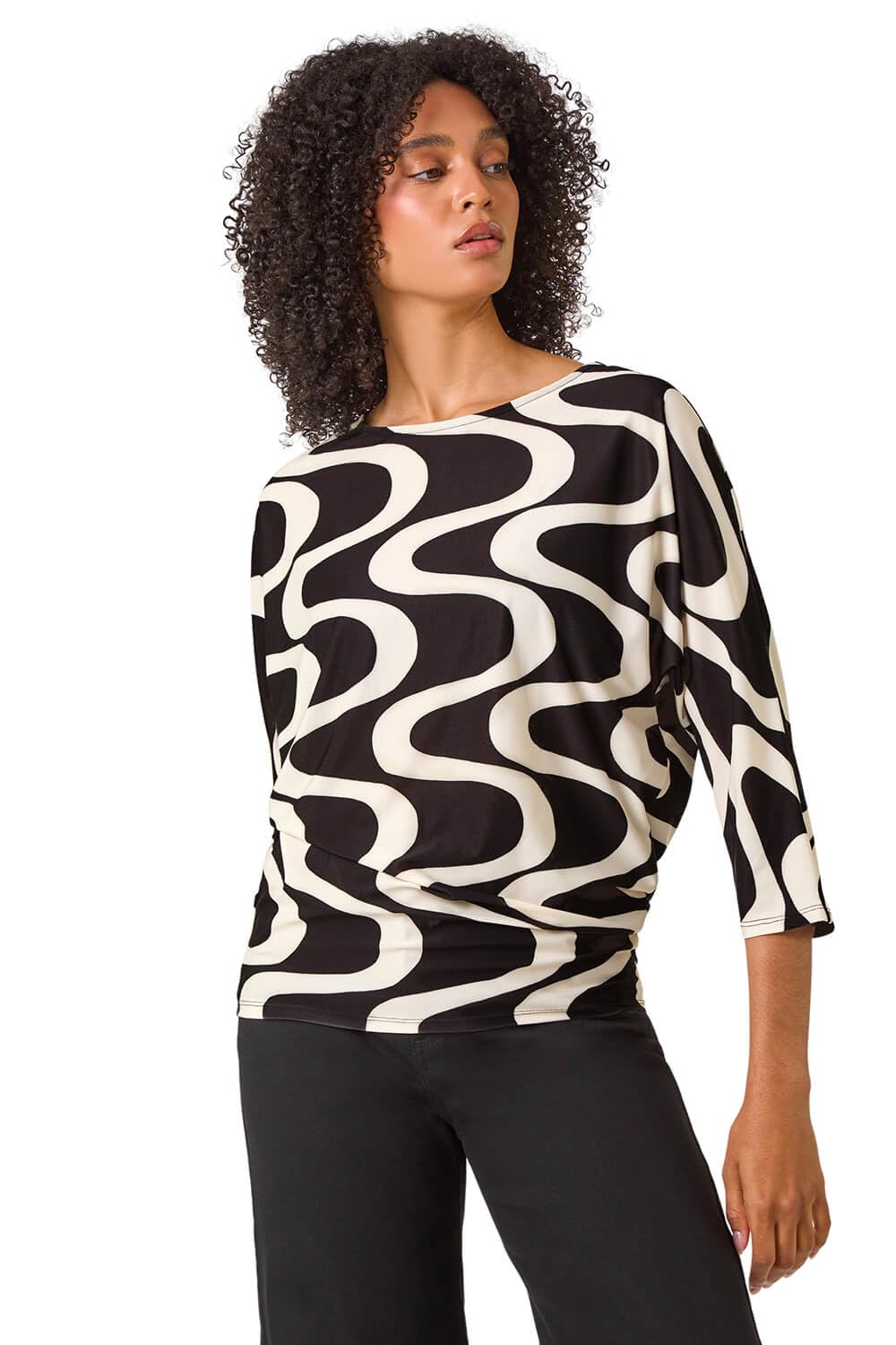 Roman Originals Swirl Print Stretch Top for Women UK - Ladies Everyday Holiday Spring Summer Round Neckline Comfy Soft Evening Vacation Work Party - Black Ivory - Size 10