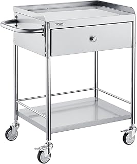 VEVOR Medical Cart, 2-Layer Stainless Steel Cart 220 lbs Weight Capacity, Lab Utility Cart with 360° Silent Wheels and a Drawer for Lab, Clinic, Kitchen, Salon
