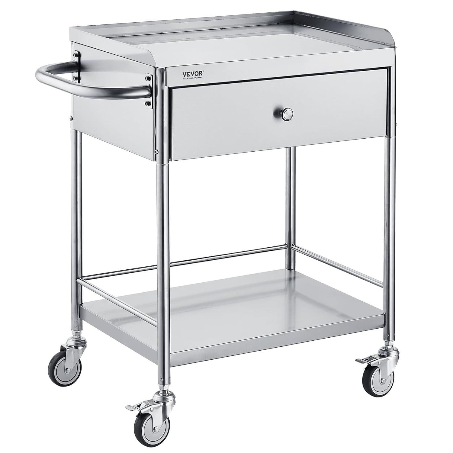 VEVOR Medical Cart, 2-Layer Stainless Steel Cart 220 lbs Weight Capacity, Lab Utility Cart with 360 Silent Wheels and a Drawer for Lab, Clinic, Kitchen, Salon, 141002
