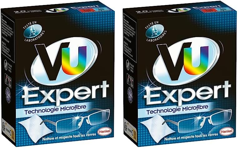 VU Expert – Nettoyant Optique – 20 Lingettes – Lingettes Nettoyantes Lunettes Microfibre – Nettoie et respecte tous les verres (Lot de 2)