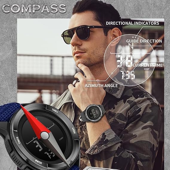 findtime Men's Digital Watch Military Pedometer Step Counter Watches Compass Waterproof Tactical Sport Watch Calories Counter Pacer Running Wristwatch LED Light Stopwatch Countdown Nylon Strap
