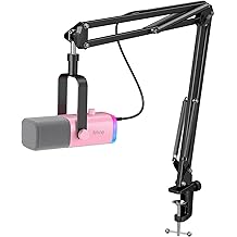 FIFINE XLR Gaming Microphone USB, PC Dynamic Microphone Kit for Vocal, Recording, Podcast, Streaming RGB Mic with Headphone Jack, Mute Button, Boom Arm Stand for Computer/Mixer-AmpliGame AM8T Pink