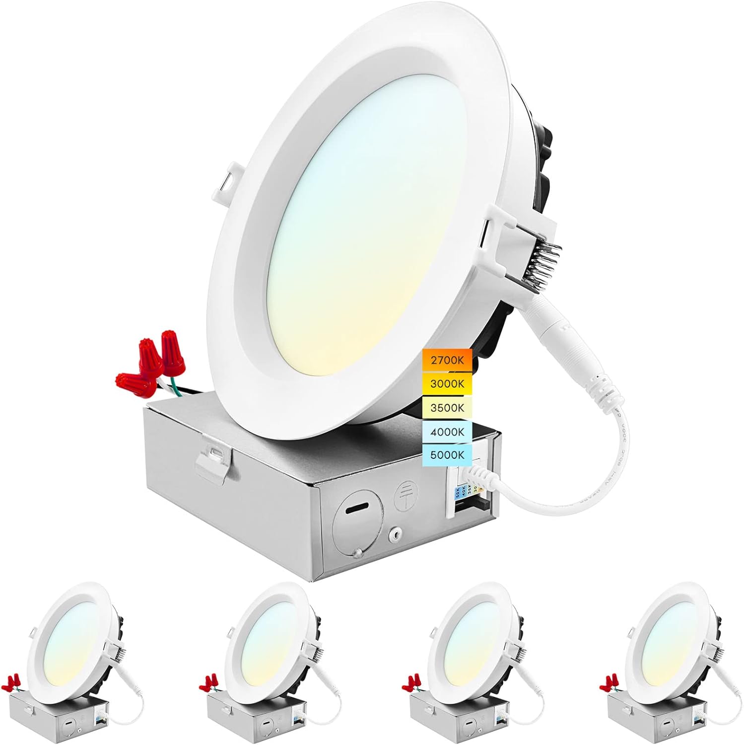 LUXRITE 6 Inch LED Recessed Ceiling Light with Junction Box, 18W, 5CCT Selectable 2700K/3000K/3500K/4000K/5000K, 1800LM High Brightness, Dimmable Canless Downlight, Wet Rated, IC Rated, ETL (4 Pack)