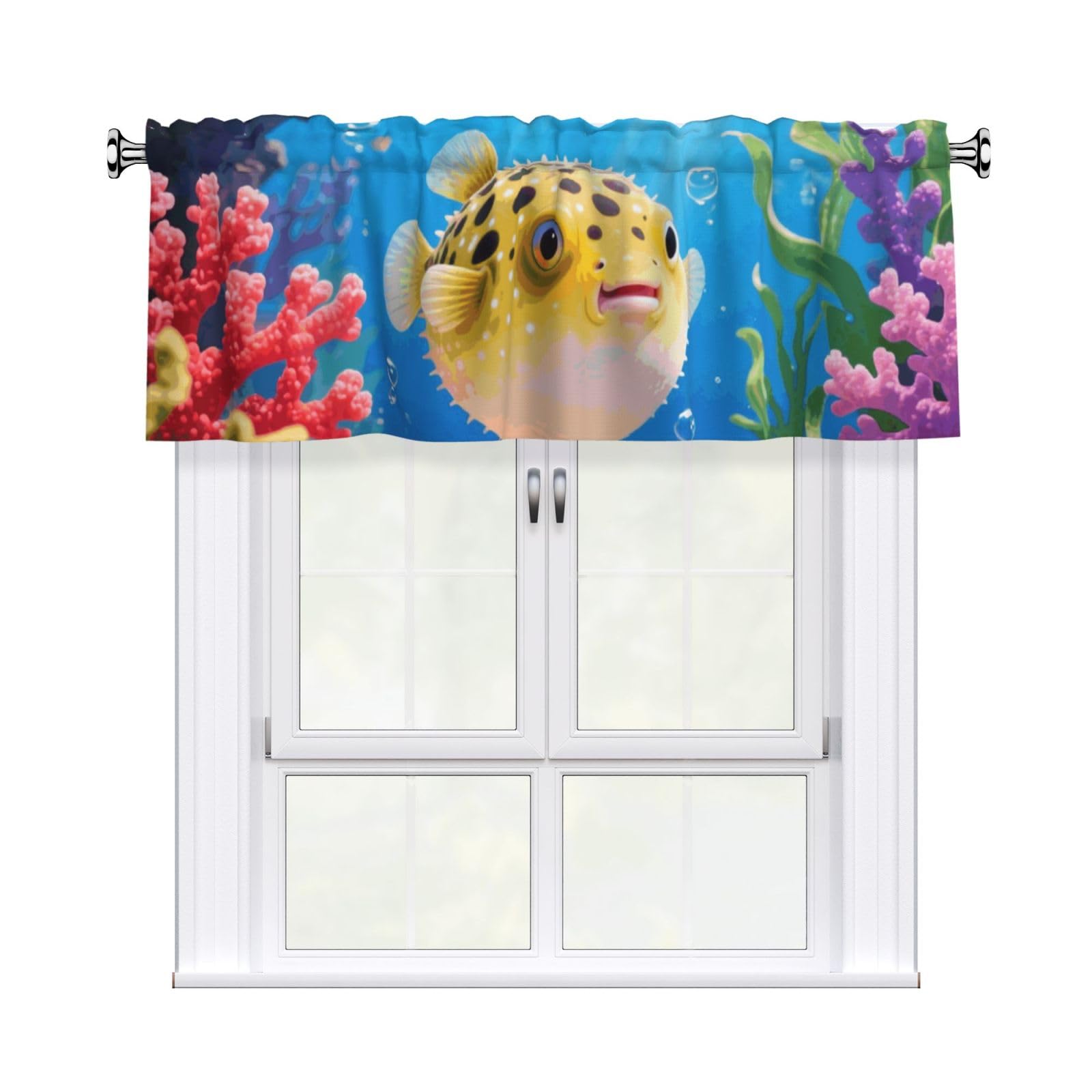 FekiLoot Fish Curtain Valance for Windows, Kitchen Window Valances Rod Pocket Window Treatments Short Curtains Drapes for Bathroom Bedroom Cafe Decor 54x18inch 1 Panel