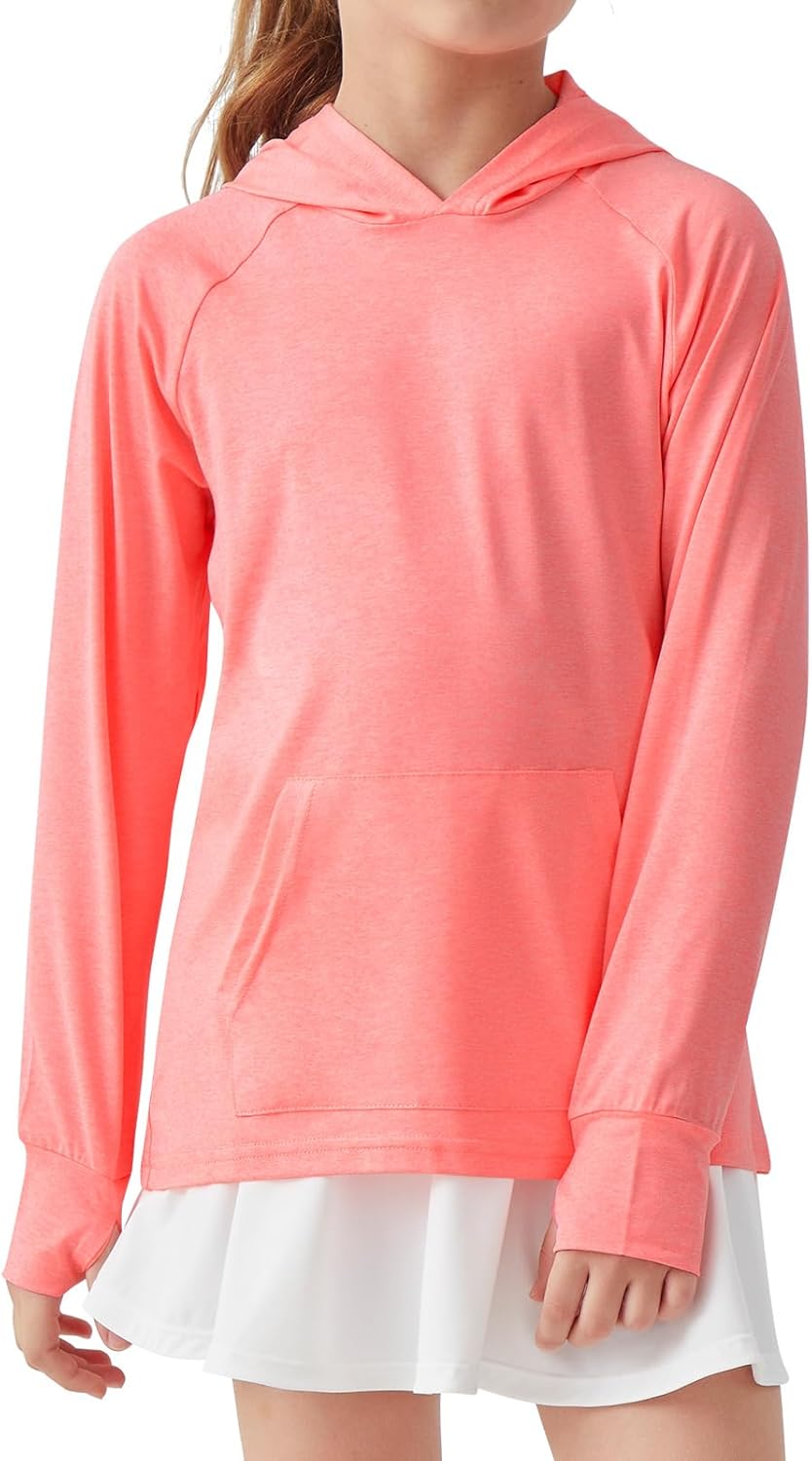 Girls Long Sleeve Shirts Thumbholes Kids UPF 50+ Sun Shirt Lightweight Athletic Hoodies with Pocket