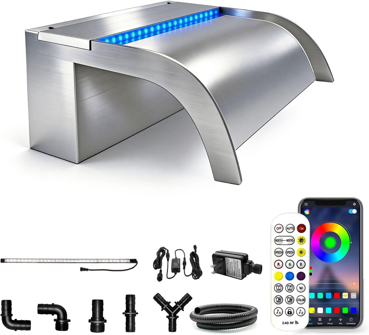 with lid Waterfall Pool Fountain, LONGRUN Stainless Steel Waterfall Spillway for Pools and Ponds - 11.8" Wide Decorative Water Feature for Swimming Pools, Koi Ponds and Garden