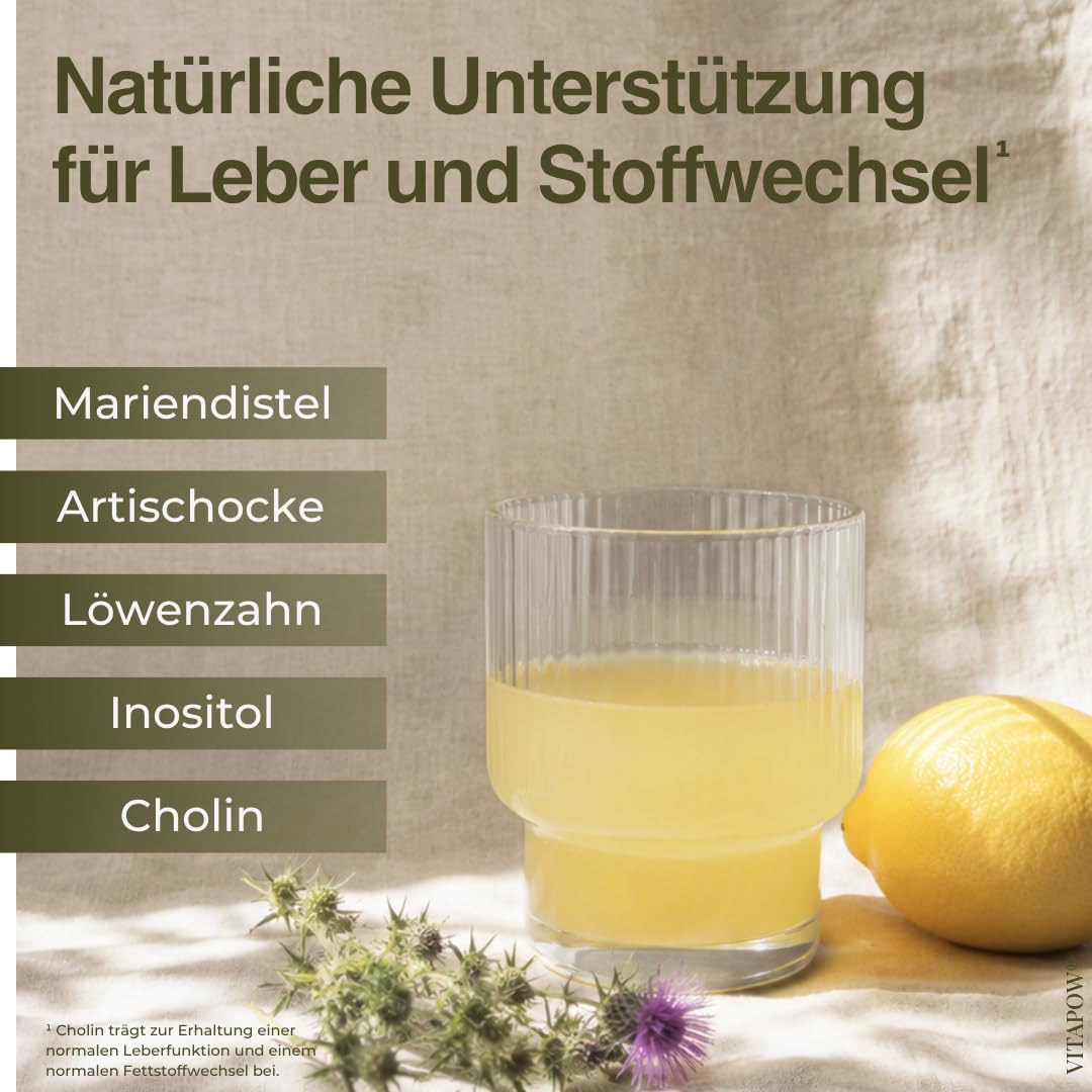 Leber Komplex als Trinkpulver mit Mariendistel Artischocke Löwenzahn Cholin Inositol - ohne Zuckerzusatz, vegan, in Deutschland hergestellt - Apfel-Zitronen-Geschmack - 60 Portionen für 2 Monate