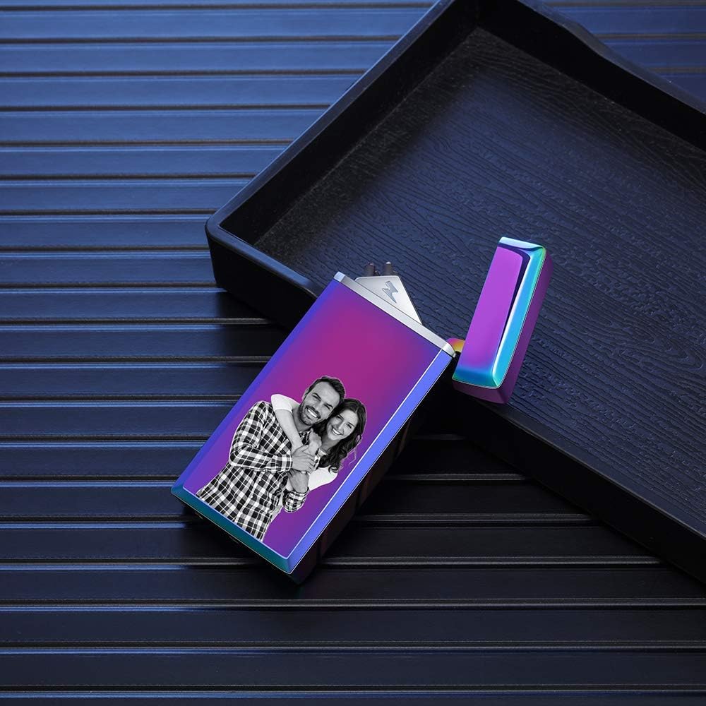 Photo Lighter for Boyfriend Personalized Electric Arc Lighter USB Lighter Custom Name Date Smart Fingerprint Sensor Lighter Rotating Lighter Rechargeable Plasma Lighter Father's Day with Gift Box
