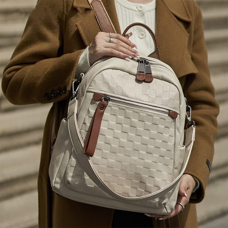 Genuine Leather Backpack Purse For Women Beige Real Soft Leather Checkered Designer Convertible Shoulder Bag - Image 2