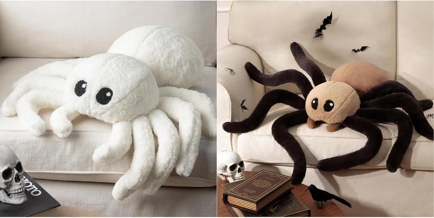 Phantoscope Bundle -Halloween Faux Fur Fluffy Spider Shaped Throw Pillow, White, 9 x 16 inch & Brown 18 x 9.5 inches