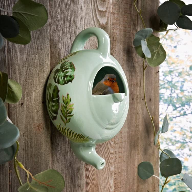 Green Botanical Open Front Nest for Birds Ceramic Teapot Hanging Nest Box for Robins DIY Graden Decoration Wild Bird House Nesting