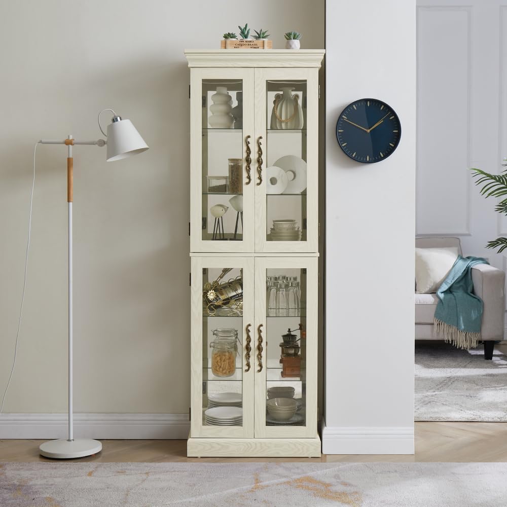Lighted Curio Display Cabinet,Glass Storage Cabinet Glass Wood Frame Toy Display for Living Room, Kitchen, Pantry Light Bulb Included Antique White (STYLE1)