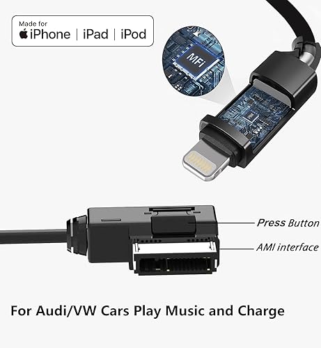 Miniatura 2 de AMI - Cable auxiliar MMI para Apple iPhone 14 13 12 11 XS XR X 8 7 6 SE compatible con Audi A3A4A5A6A7A8S4S6S8Q5Q7R8TT 2011-2016, VW CC Magotan con