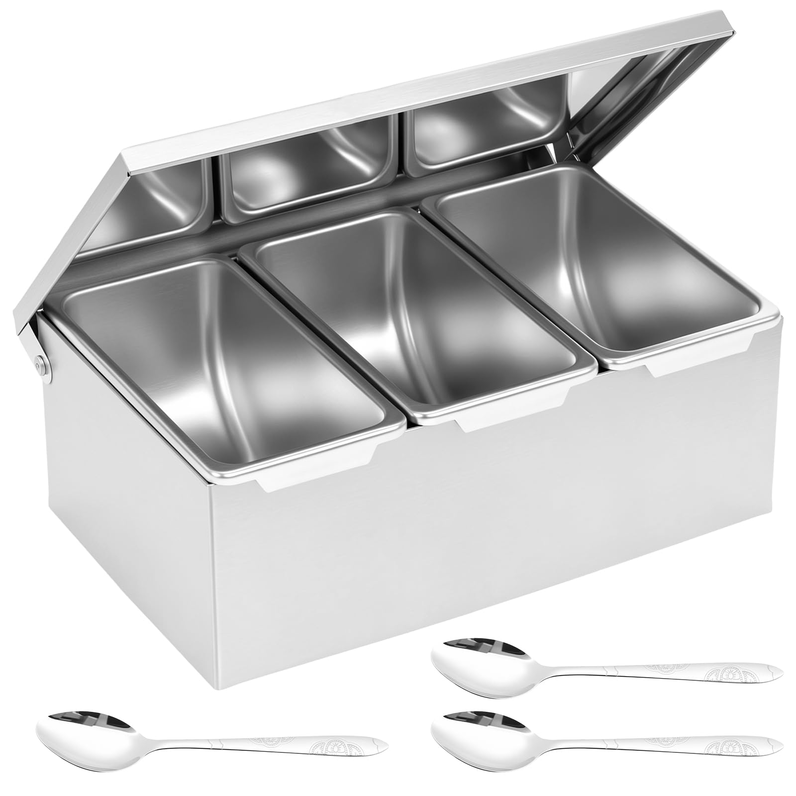 Wameitf Silver Stainless Steel Condiment Dispenser With 3 Compartment & Spoon, Garnish Dispenser Tray With Lid, Removable Chilled Seasoning Caddy, Fruit Serving Container For Home Kitchen Parties,Picnics