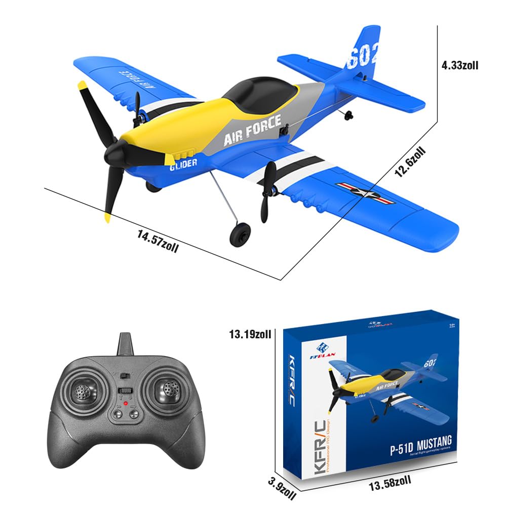Fremego RC Flugzeug RTF,P51 3 Kanal Ferngesteuertes Flugzeug für Anfänger | 2,4GHz P-51D Mustang Kampf Flugzeugs mit 6-Achsen-Gyro-Stabilisator&2 Batterien für Erwachsene