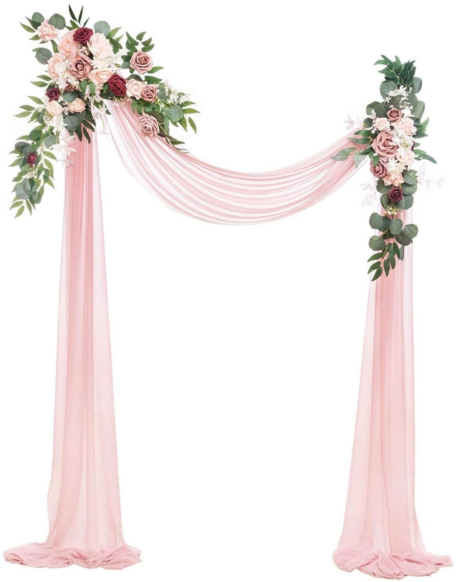 Hochzeitsbogen Blumen Set(3 Stück) – 2 weiße Rosen-Blumengirlanden und 1 transparenter Stoffvorhang, Blumenbogen-Dekoration für Zeremonien, Empfänge, Dekorationen oder zum Selbermachen
