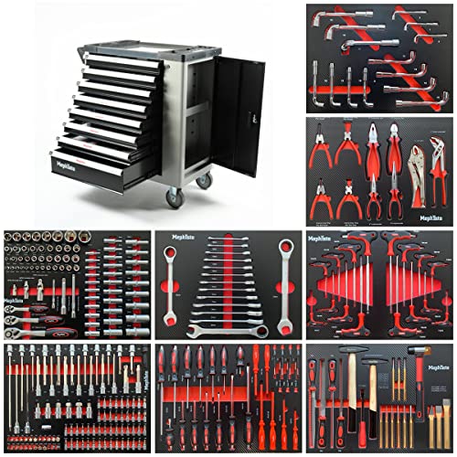 Mephisto XXL Werkzeugwagen Werkstattwagen 8 Schubladen mit Werkzeug wie Schraubenschlüssel, Ratsche mit Nusskasten, Schraubendreher usw. in Soft Inlays in Carbon Lock befüllte Schubladen