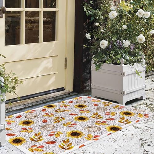 Ooomigasusi 玄関マット 秋 ひまわり かぼちゃ 田園 ドアマット 45×75cm 屋内 屋外 ループ状 泥落とし 滑り止め付 吸水 足ふき 洗える 業務用 自宅用 厚手 浴室 お風呂 円角長方形 丈夫 抗菌 防臭