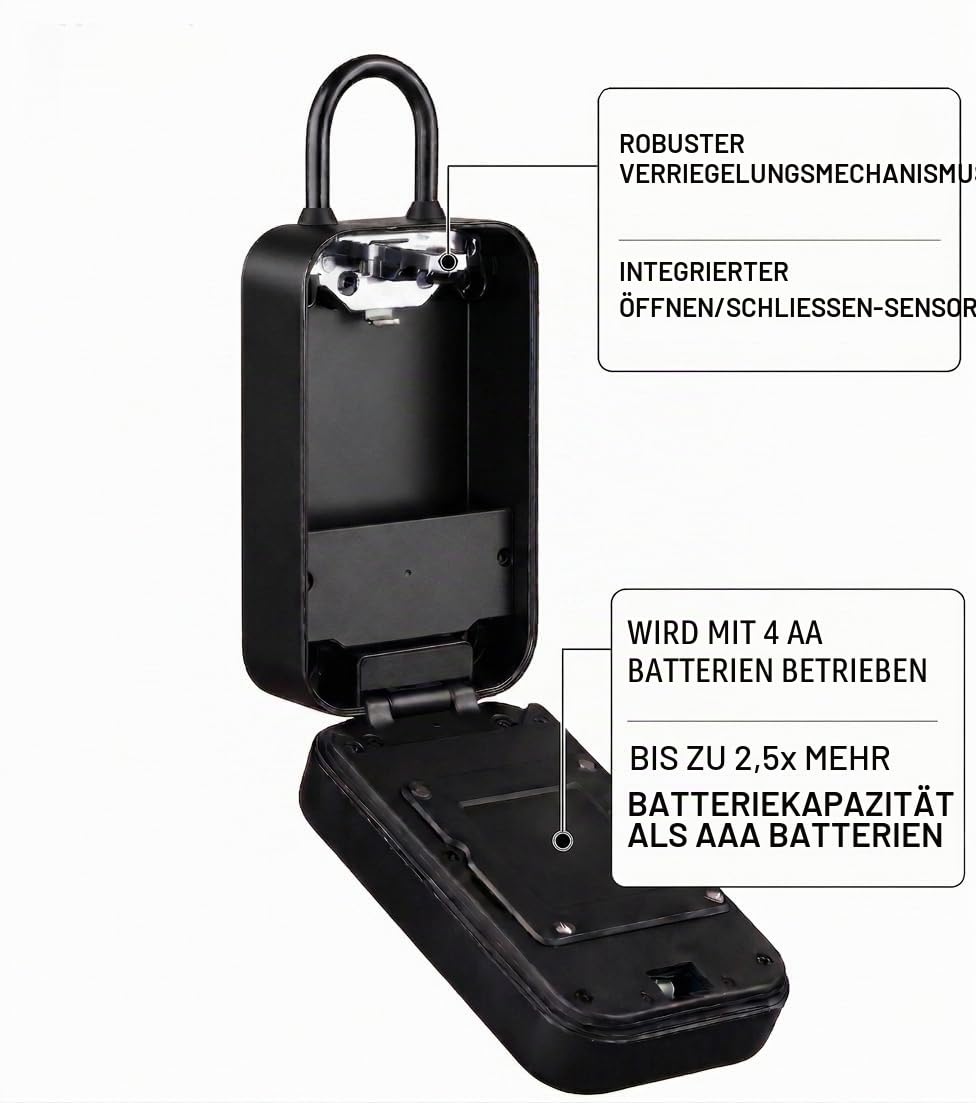 Schlüsseltresor mit Zahlencode, Fingerabdruck & Gateway, außen | Schlüsselkasten – Gateway & 4×AA Batterien inkl. – Türstatussensor – 5 RFID-Badges – IP66 – Bügel ohne Bohren