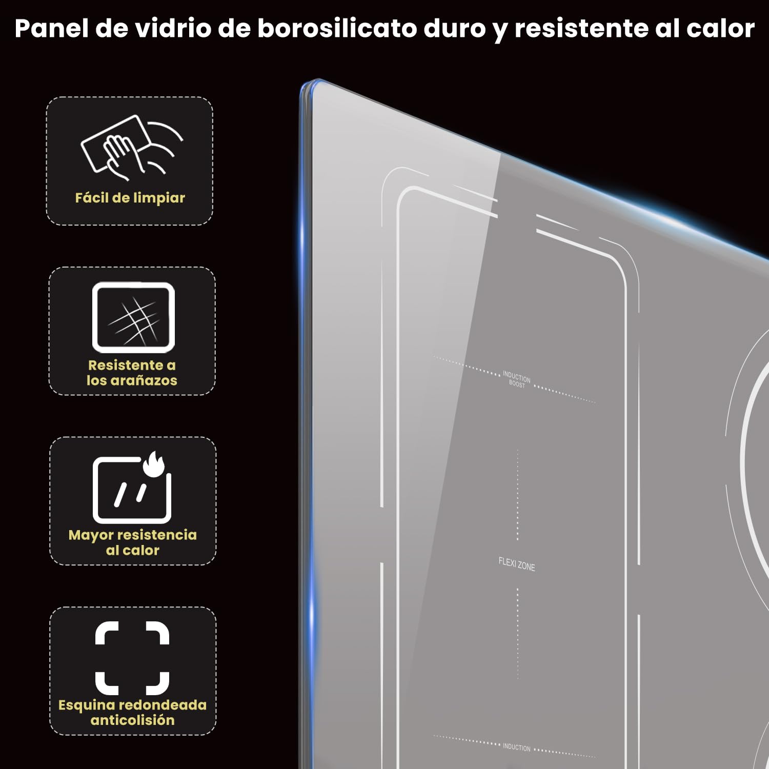 Placa Inducción 4 Fuegos, Vitroceramica Induccion Blanca de 60 cm Empotrable, Flexible, 9 Niveles de Potencia, 3500W, Función de aislamiento Boost, Temporizador, 220-240V | Flexzone, Booster, protección para niños, temporizador, función de pausa, 60 cm, 3