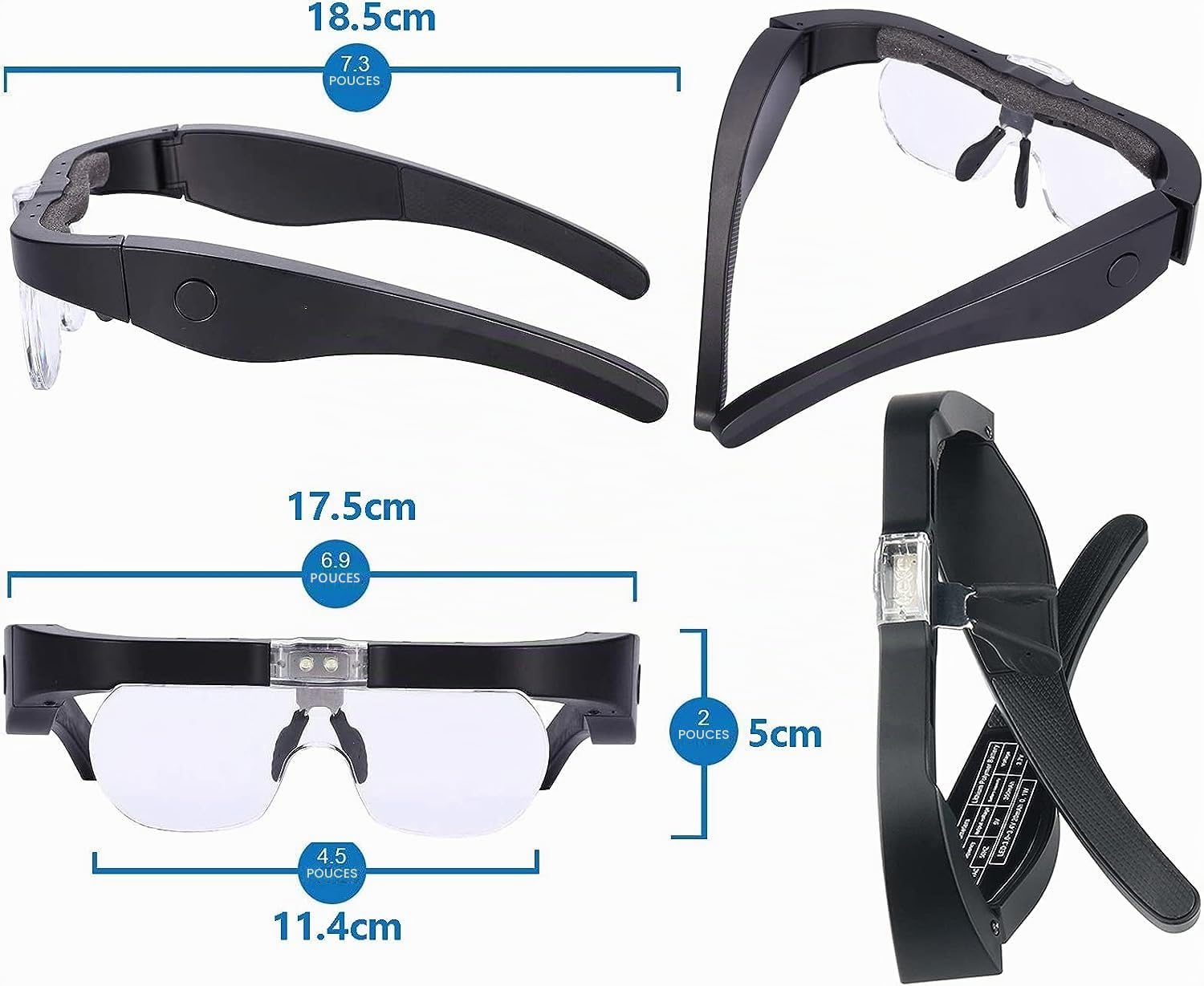 Lunette Loupe Grossissante LED Eclairante Rechargeable, Loupe de Tête de Lecture Travail pour Travaux Minutieux Electronique USB Lumineuse Main Libre, 4 Lentilles Détachables 1.5X, 2.5X, 3.X, 5X