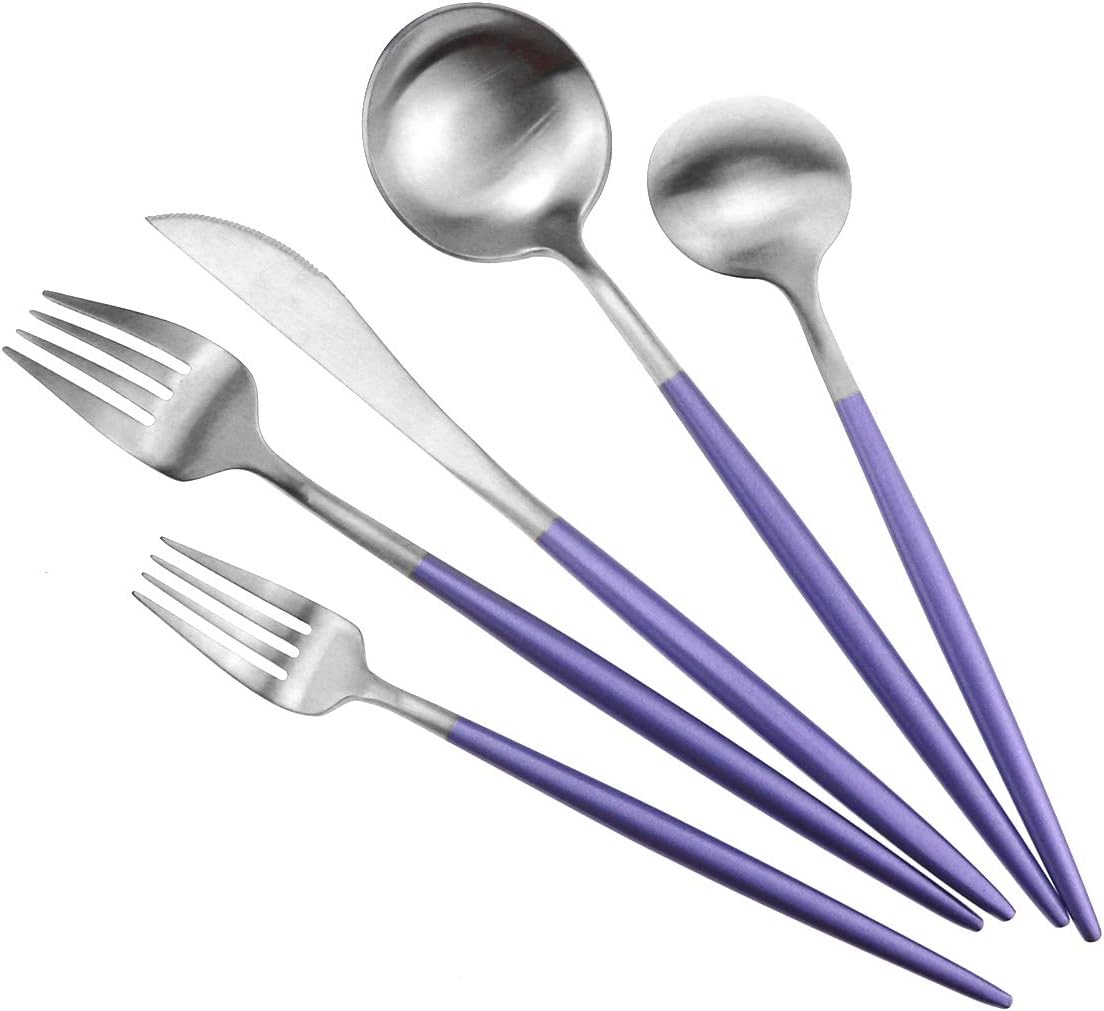 🛒 Crazy Deals Gugrida Luxury Flatware, Royal 20 Piece Matte Purple Handle 18/10 Stainless Steel Tableware Sets for 4 Including Forks Spoons Knives, Camping Silverware Travel Utensils Set Cutlery (Purple Silver)