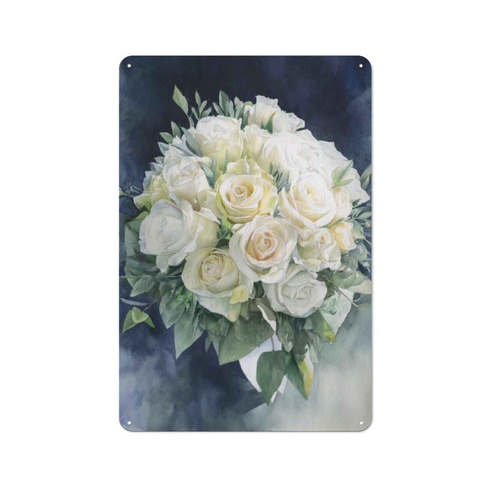 Junmoney White Rose Bouquet Watercolor Painting Metal Plaque 30X20cm With For Hallway Wall, Retro Decor, For Themed Interiors In Hallways And Entrance Areas
