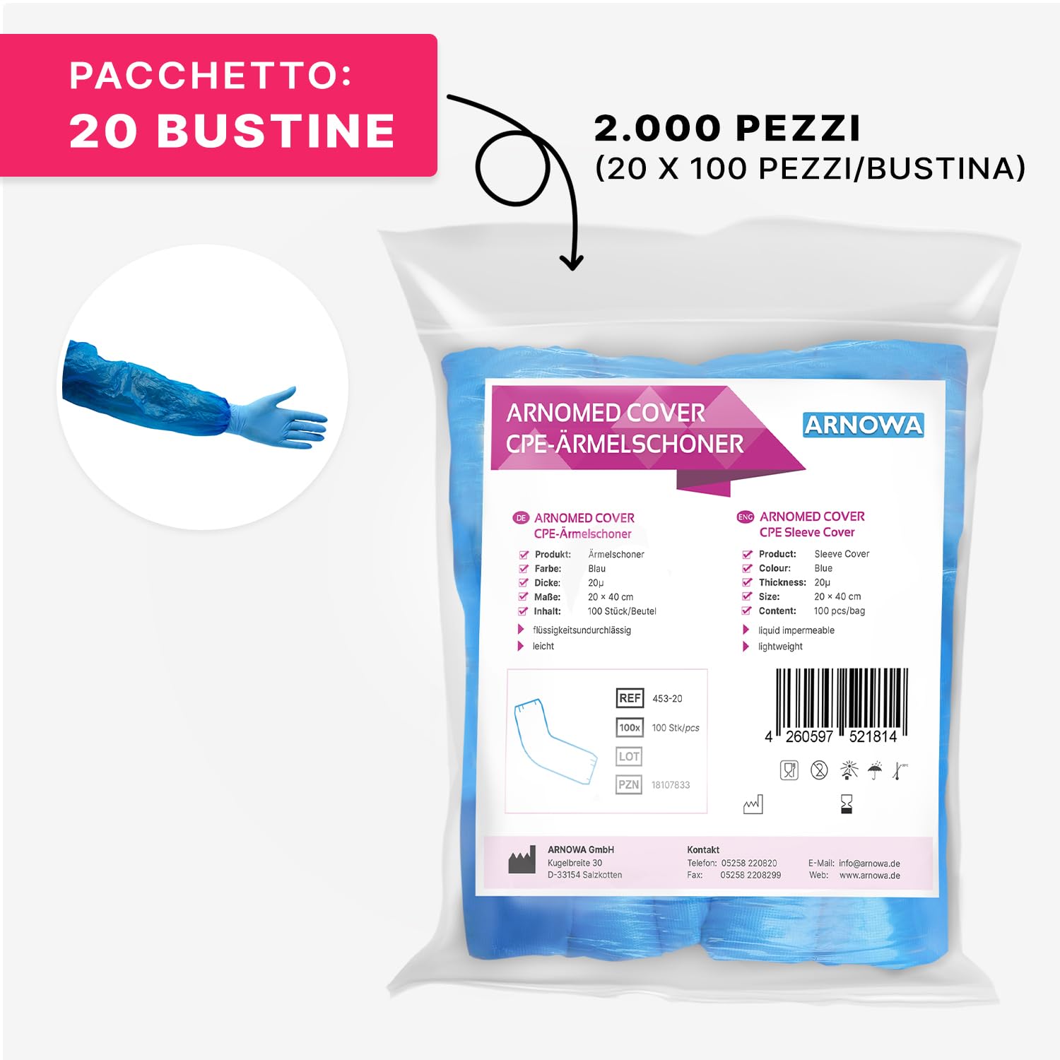 ARNOMED Manicotti braccia in CPE blu, 2000x manicotto braccio, copribraccio con elastico su entrambe le aperture, copri braccio per uomo/donna, manicotti monouso lavoro 40x20cm, coprimaniche monouso
