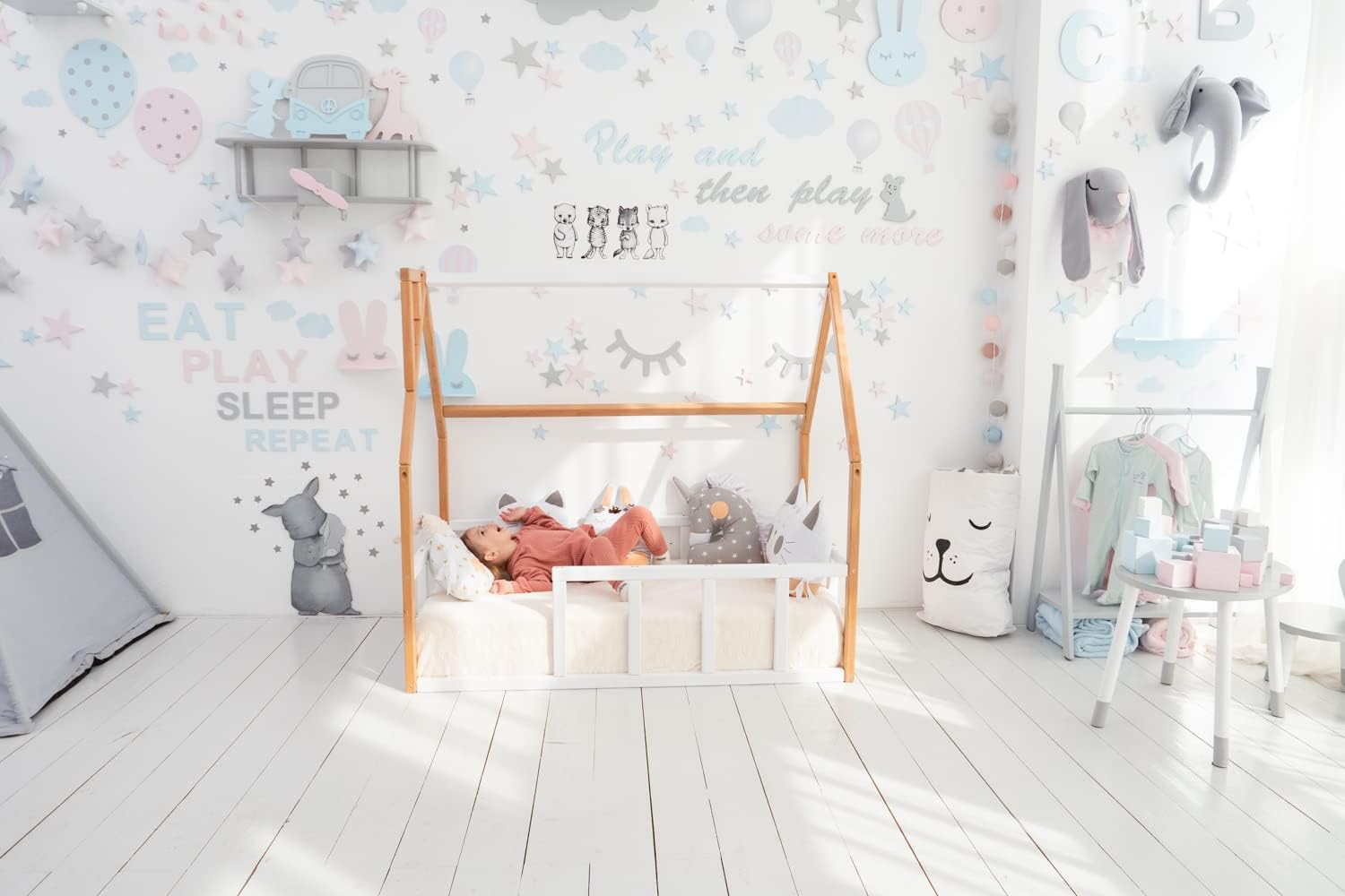 BUSYWOOD House Bed for Kids - Play Bed for Sleeping and Climbing - Montessori Toddler Floor Bed - Cute Loft Bed for Kids - Wood Toddler Beds - Kids Bedroom Furniture (Model 1, Floor Bed)