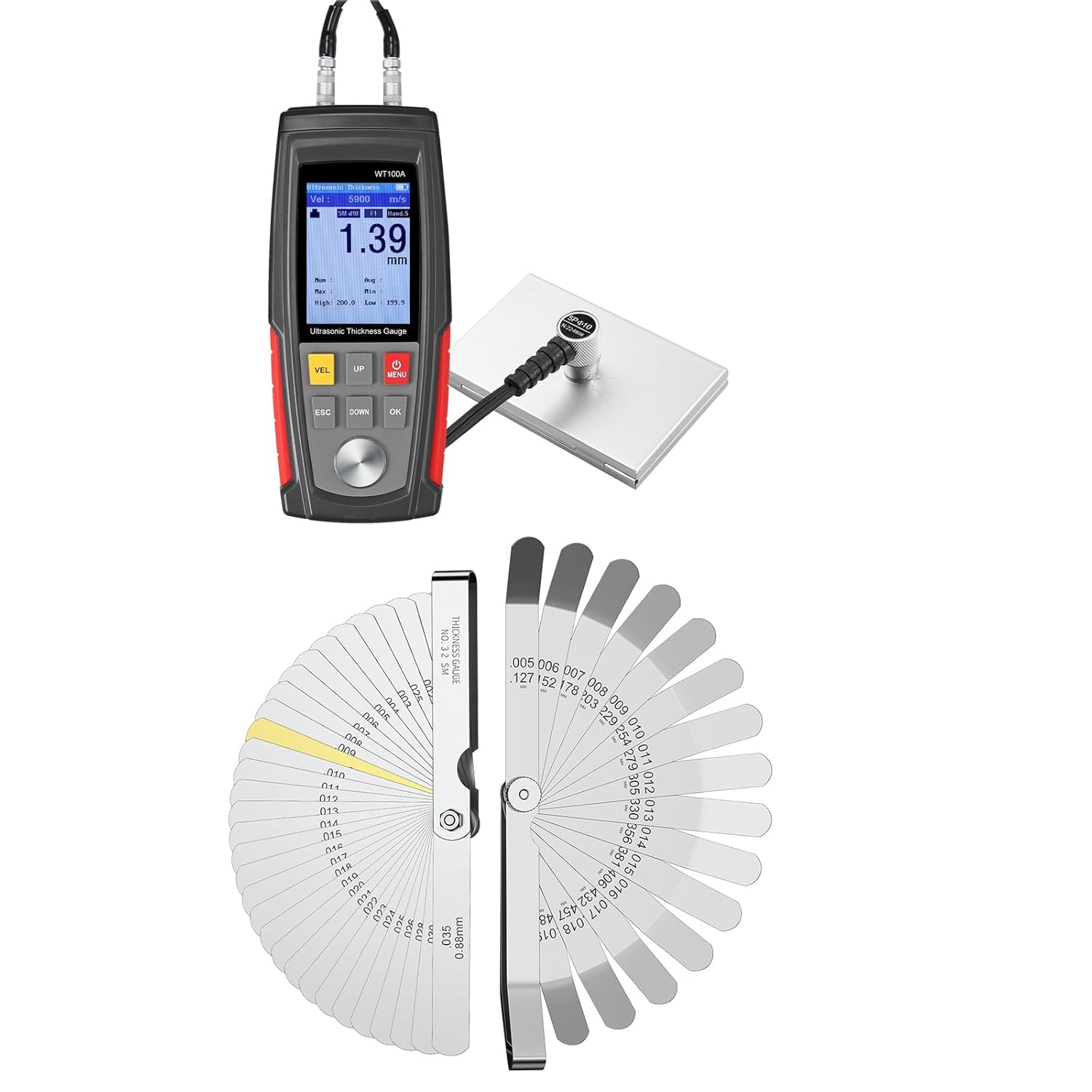 CAMWAY Digital Ultrasonic Thickness Gauge Meter +2Pcs Feeler Gauge Set