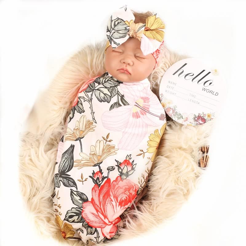 Image of Galabloomer Newborn Receiving Blanket Headband Set Baby Flower Swaddle