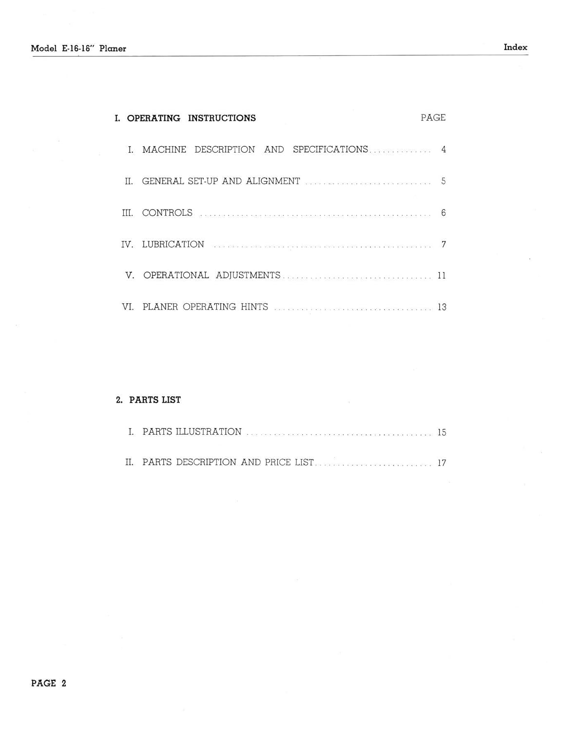 Index page from the POWERMATIC E16 16-inch Wood Planer manual, listing sections like Operating Instructions, Machine Description, General Set-Up, Controls, Lubrication, Operational Adjustments, Planer Operating Hints, and Parts List.
