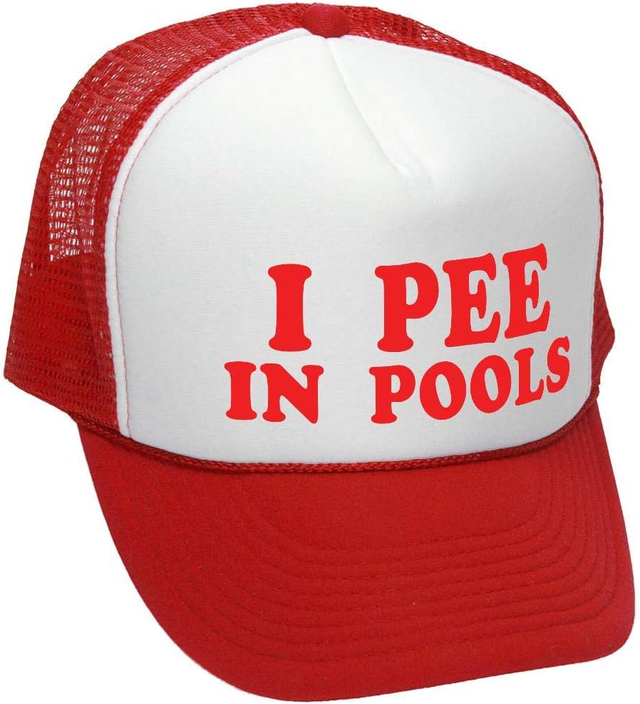 I Pee in Pools Funny Dare Gag Gift Joke - Adult Trucker Cap Hat (Medium, Red)
