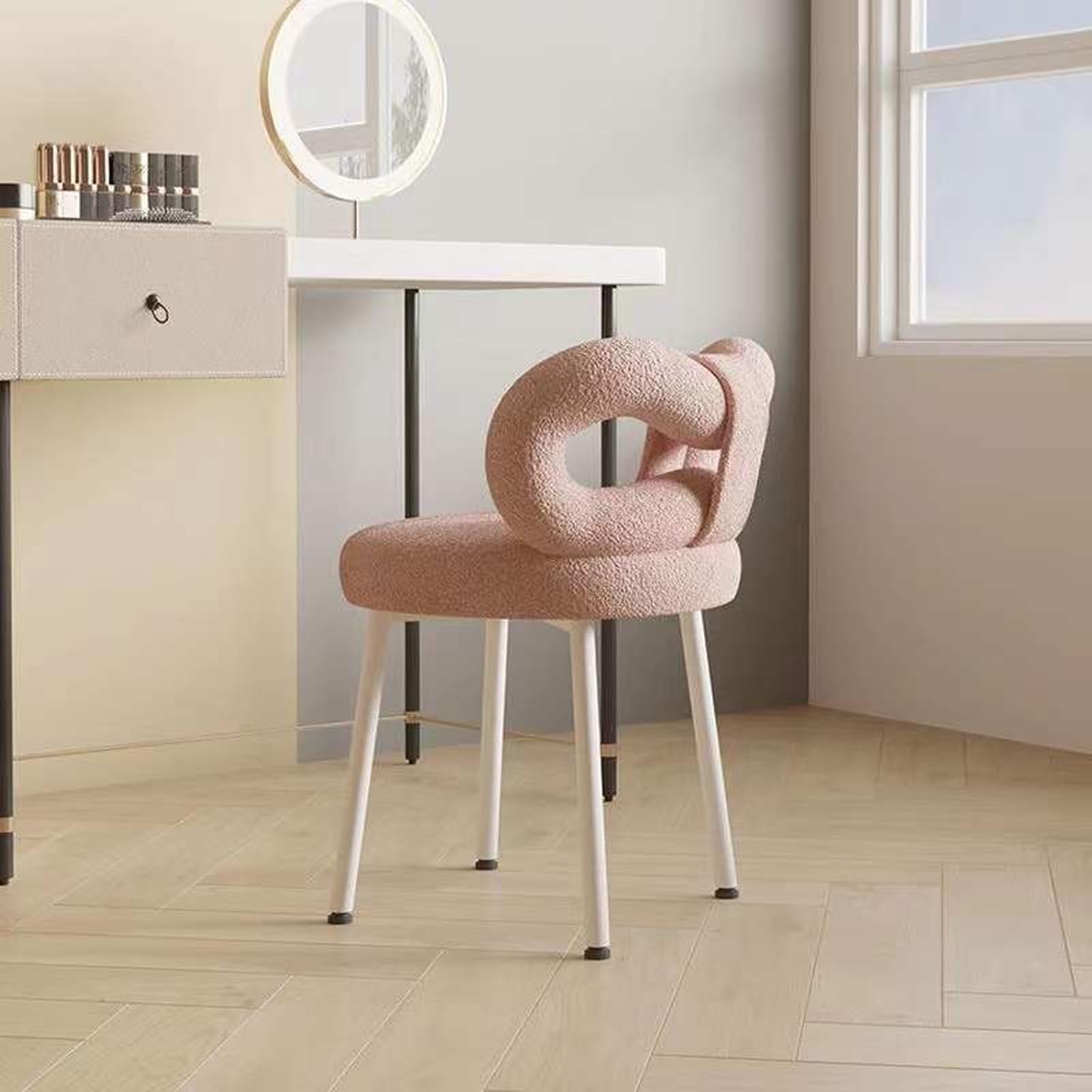 Petit Tabouret de Coiffeuse avec Dossier Noeud Papillon, Chaise de Maquillage pour Chambre à Coucher, Femmes et Filles, Coussinets Pieds réglables, sans accodoirs Salle de Bain, Blanc