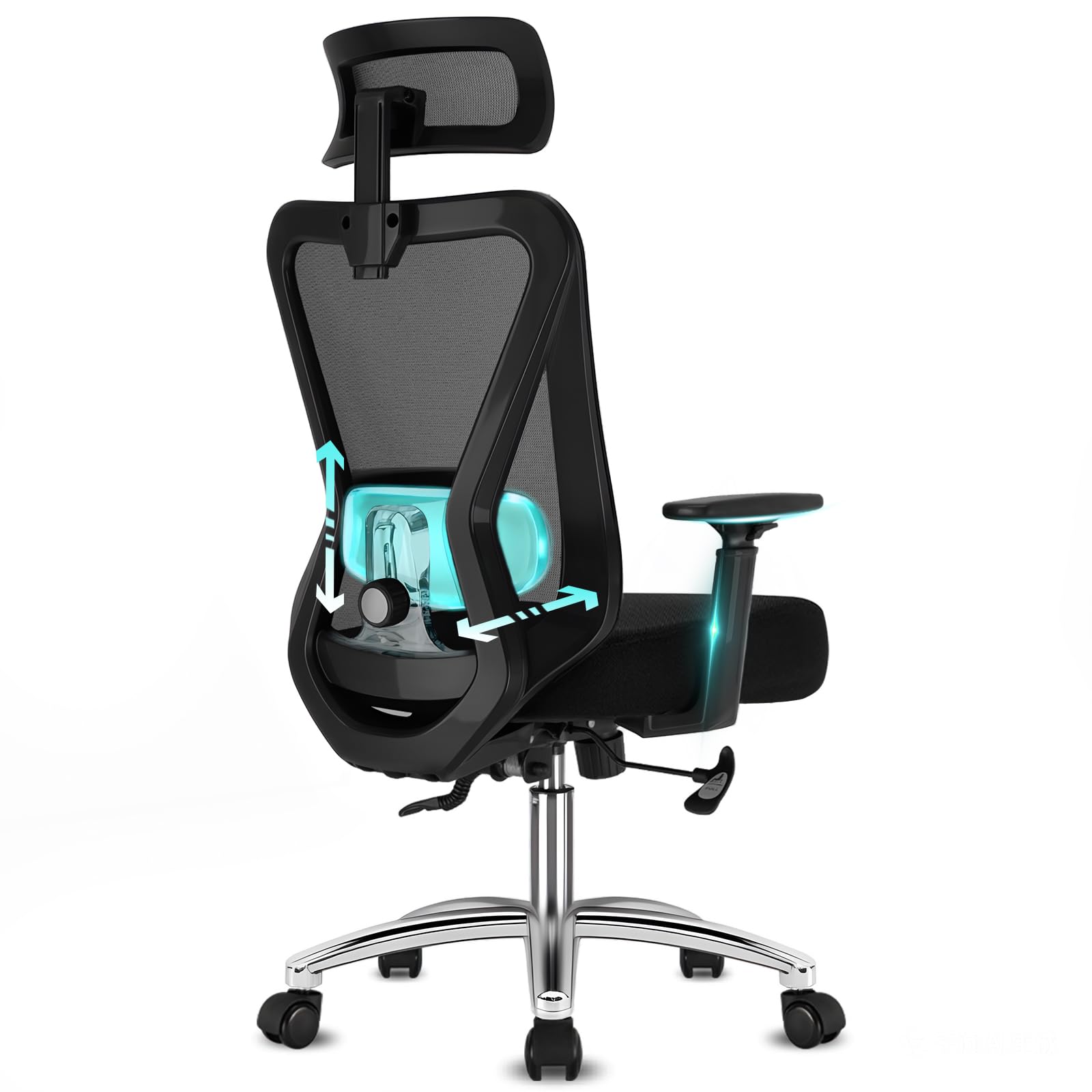 Sedia Ufficio Ergonomica, Sedia da Scrivania con Poggiatesta 2D e Supporto Lombare 4D, Poltrona Ufficio Reclinabile 90°-135°, Braccioli Regolabili, Portata 150 kg, Nero