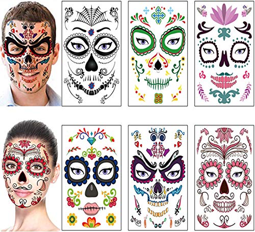 Halloween Makeup Kit Day of the Dead Sugar Skull Face Tattoos Stickers Halloween Temporary Tattoos for Women Men Adult Kids Halloween Party Favor Supplies Flower Skeleton Mask Tattoo (6 Sheets)