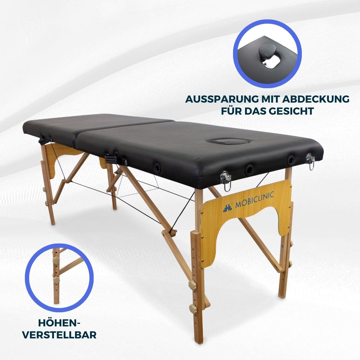 Mobiclinic®, Massageliege, Klappbar, CM-01 Basic, 180x60 cm, Holz und Kunstleder, 2 Teile, Europäische Marke, Mobile, Höhenverstellbar, Verschlusssystem, Trägt 150 kg, Farbe Creme