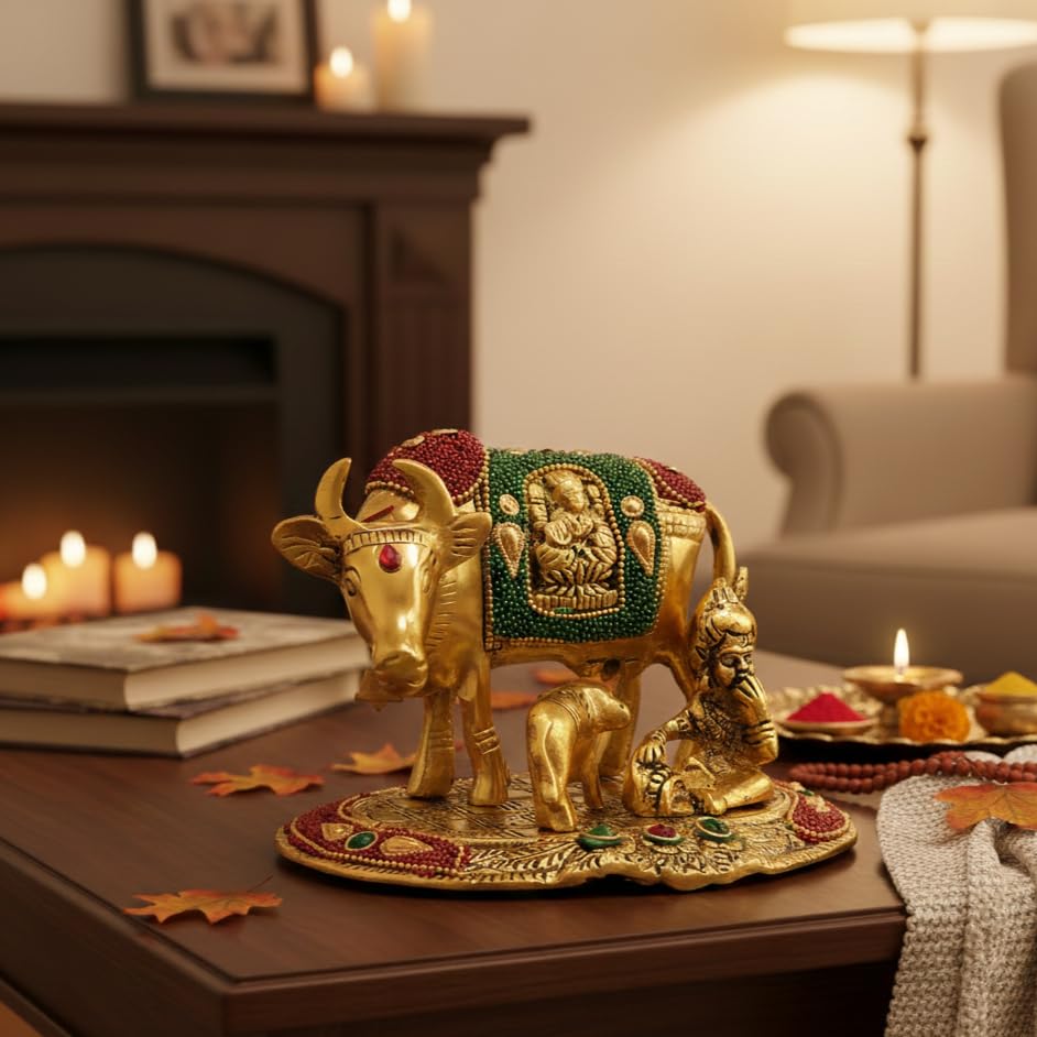 Image of KridayKraft Kamdhenu Cow,Calf with Bal Gopal Krishna Metal Statue for Good Luck,Feng Shui As Table Top Figurine,Vastu,Religious Gau MATA Idol Home,Office&Table Decorative,Animal.