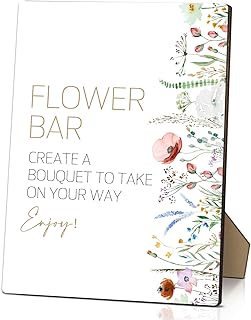 Flower Bar Wooden Sign with Stand, 8 x 11 Inch Table Signs For Ceremony & Reception, Boho Floral Bridal Shower Welcome Sign, Baby Shower/Wedding Table Decor Supplies -B